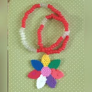 Handmade Perler Bead Flower Pendant Necklace - Multicolor